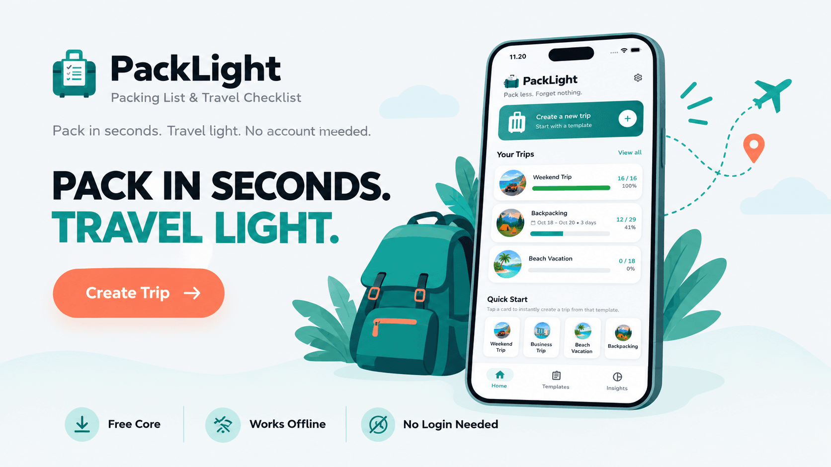 PackLight - offline-first packing list and travel checklist app