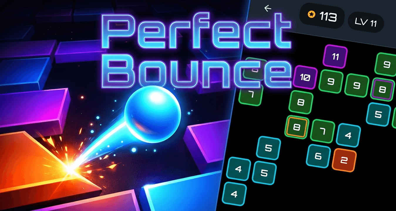 Perfect Bounce Gameplay - Neon brick breaker with colorful blocks and glowing ball