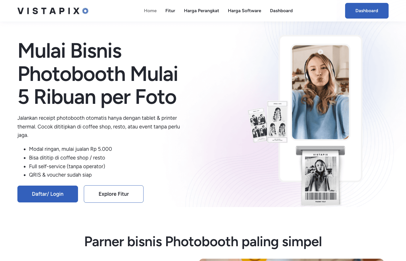 VistaPix marketing website - Receipt Photobooth SaaS Platform